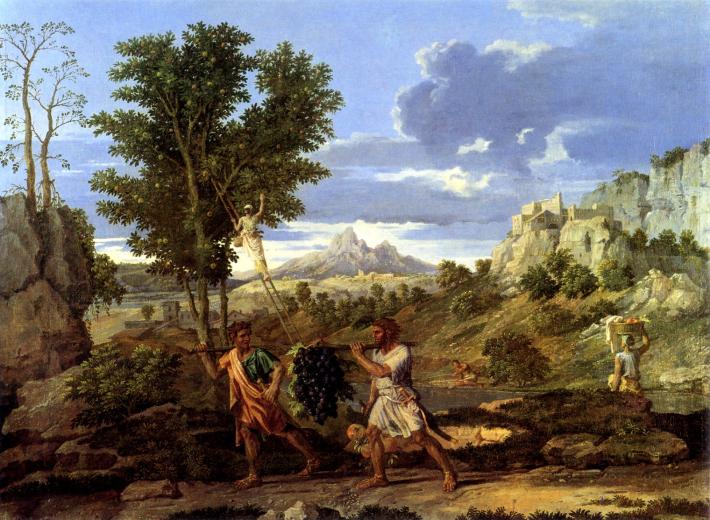 Poussin painting of two men carrying a bundle of grapes