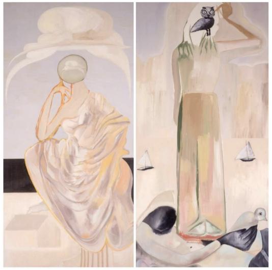 (L) Francesco Clemente, Dormiveglia V, 1998. Oil on canvas. 130 x 45 1/4 inches. (R) Francesco Clemente, Dormiveglia VI, 1998. Oil on canvas. 130 x 45 1/4 inches.