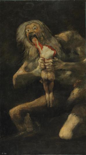 Goya painting of a giant naked god saturn eating a small figure