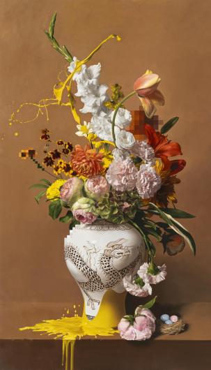 Kim Sung Yoon, Flowers in the Neo-White Porcelain Jar with Cloud & Dragon Design in Underglaze Iron Brown, 2023. Oil on linen, 1.9 × 1.1m. Courtesy the artist and Gallery Hyundai 