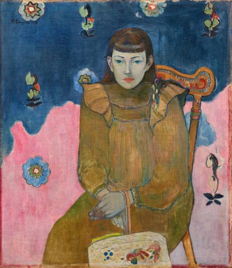 Gauguin portrait of a young white woman with bangs seated in a chair with a pink and blue background