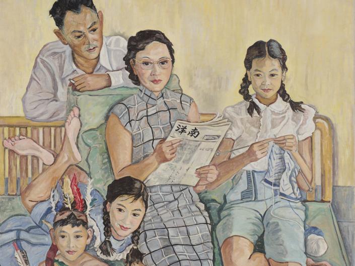 Painting of jovial, relaxed family life arranged into a group portrait. Features pastel, happy colors. 