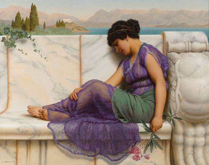 Goward painting of a woman in a gauzy purple gown sitting on a stone bench with the sea behind her