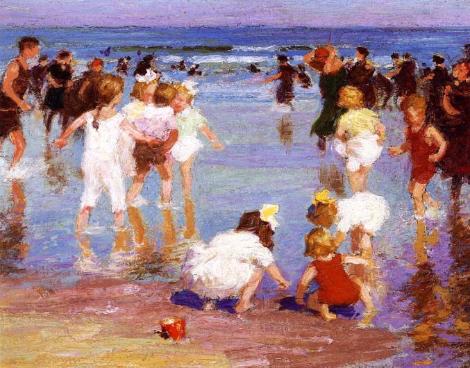 Potthast painting of a crowd of people at the beach