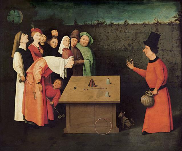 Hieronymus Bosch and workshop, The Conjuror, c. 1502. Oil on wood. 21 in × 26 in. Musée Municipal, St.-Germain-en-Laye, France. 