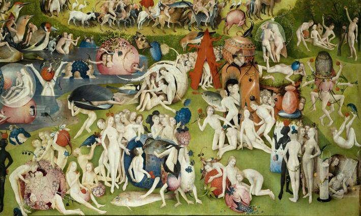 Hieronymus Bosch, detail of central, interior panel in The Garden of Earthly Delights. Oil on oak panels. 81 in × 152 in. Museo del Prado, Madrid.