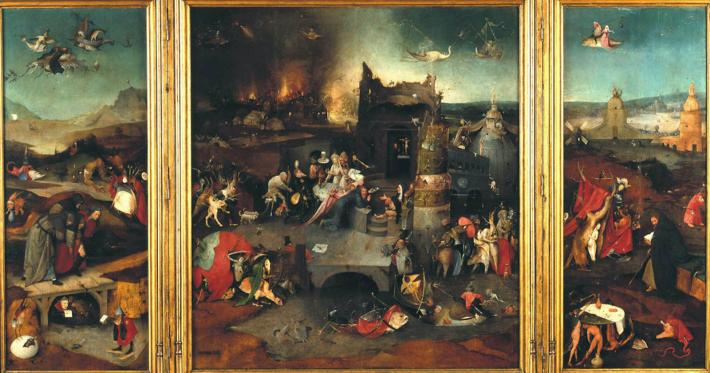 Hieronymus Bosch, The Temptation of St. Anthony, c. 1501. Oil on oak panels. 52 in × 90 in. Museu Nacional de Arte Antiga.