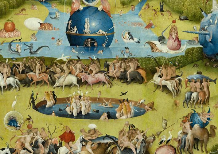 Hieronymus Bosch, detail of central, interior panel in The Garden of Earthly Delights. Oil on oak panels. 81 in × 152 in. Museo del Prado, Madrid 