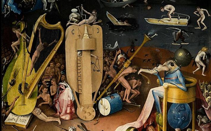 Hieronymus Bosch, detail of right, interior panel in The Garden of Earthly Delights. Oil on oak panels. 81 in × 152 in. Museo del Prado, Madrid.