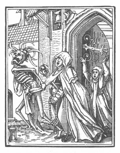 Hans Holbein woodblock print of a woman being dragged away by a skeleton