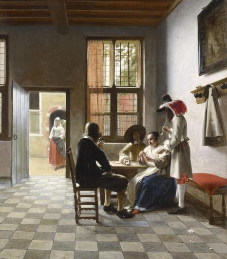 Peter de Hooch painting of an interior with a checkerboard floor and three people playing cards at a table