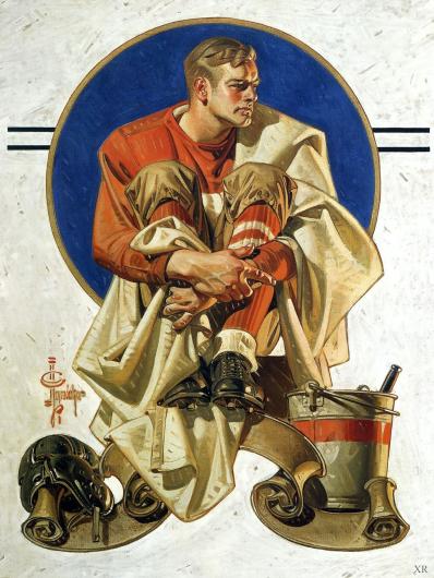 J.C. Leyendecker, Artwork for a 1933 cover of Saturday Evening Post, 1933. Football player sits framed by a blue halo-like circle. 