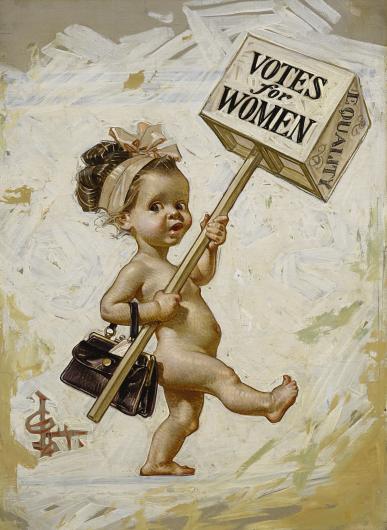 J.C. Leyendecker, Votes For Women, Study for Cover of Saturday Evening Post, January 1911. Oil on canvas. As described in the first image only full body is visible and she's carrying a pocketbook. 