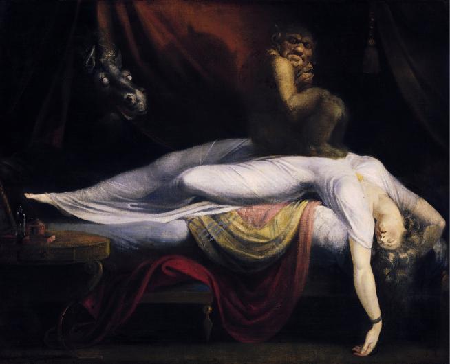 Henry Fuseli painting of a sleeping woman with a demon squatting on her chest