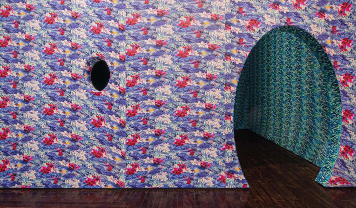Joiri Minaya, Spandex installation #5 (Labadee at the Blanton Museum) 2019 Fabric, wood 18 x 24 x 16 ft