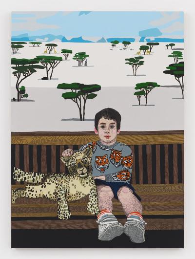 Jonas Wood, Kiki with Leopard, 2020. Oil and acrylic on linen. 52 x 38 inches (132.1 x 96.5 cm).