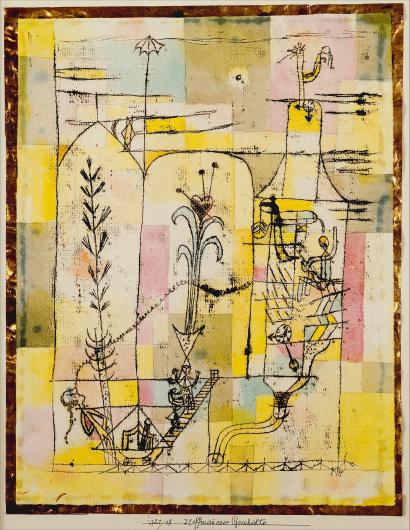 Paul Klee watercolor and ink painting of flowers with a pink, yellow and blue abstract background