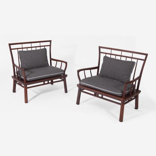 Richard Koga (American), Pair of Chinese Style Oversize Armchairs or Benches, 1961. Rosewood, upholstered, loose seat cushions. 35 1/8 x 34 3/4 x 23 1/8 inches. Estimate 4,000 - 6,000 USD. Freeman’s.