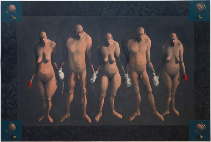 Painting of five monstrous, distorted nude human figures