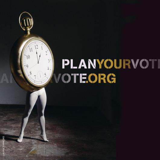 plan your vote .org poster with a pocket watch on two legs