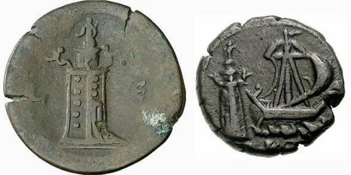 Alexandrian coins minted in 2nd Century AD that feature the Lighthouse. Left shows  reverse of a coin of Antoninus Pius, and right shows the reverse of a coin of Commodus).
