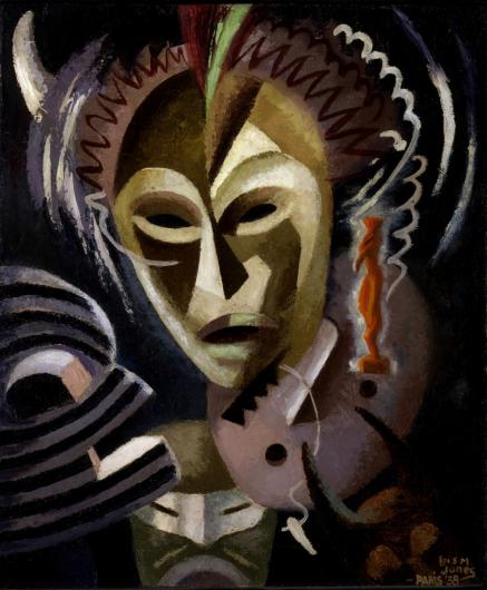 Loïs Mailou Jones painting of an african mask on a black linen background