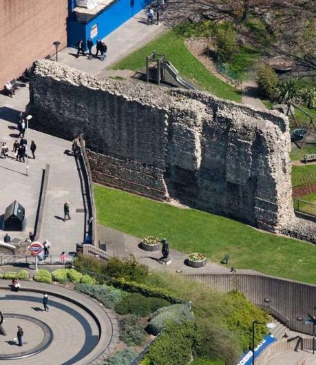 A section of the Roman Wall still standing in modern-day London. Credit: English Heritage. 