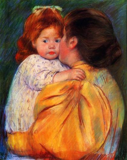 Pastel on paper, "Maternal Kiss," Mary Cassatt, 1896