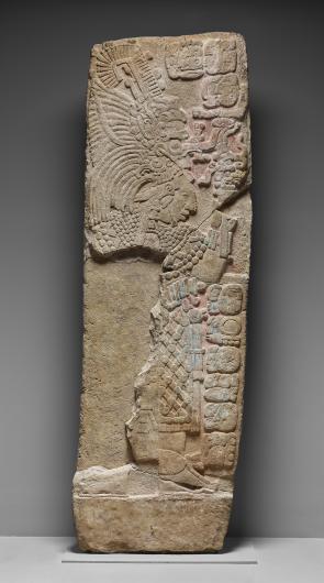 Maya, Wall panel depicting Ix K'an Bolon ("Lady Yellow Nine") in ritual dress, 692 CE, limestone, stucco and pigment, Pomoná, Southern Maya lowlands, Tabasco, Mexico, Dallas Museum of Art, Foundation for the Arts Collection, gift of Mr. and Mrs. James H. Clark, 1968.39.FA. Image courtesy Dallas Museum of Art.
