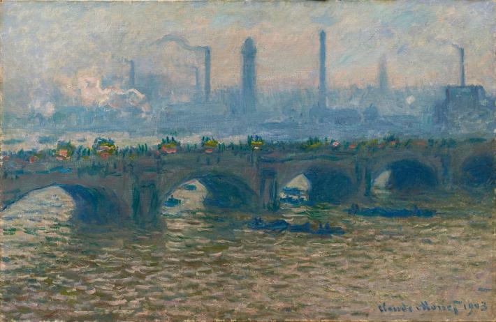 Monet impressionist painting of an arched bridged over a river with factory smokestacks in the background