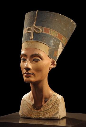 Nefertiti- Bust of Queen Nefertiti. Made ca. 1345 BCE in Amarna, Egypt. Limestone, painted stucco, quartz, wax. 49 cm tall, 24.5 cm wide, 35 cm deep. Currently- Neues Museum, Berlin.