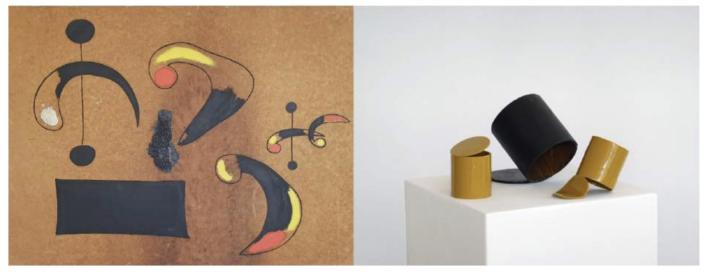 (L) Joan Miró, Peinture, 1936. Oil, casein, tar and sand on Masonite. (R) Peter Fischli, Untitled, 2022. Cardboard, newspaper, construction paper, wallpaper, glue, champagne chalk, layers of emulsion, acrylic, silicate, faux rust, gouache, and enamel paint.