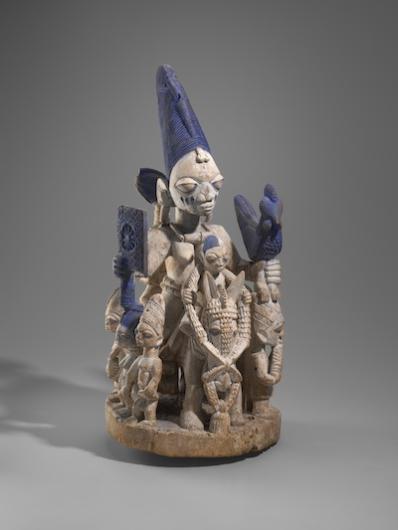 Moshood Olúṣọmọ Bámigbóyè, Equestrian Shrine Figure (Ojúbọ Ẹlẹ́ṣin) Depicting a Priestess of Ọya, 1920–40. Possibly ire (rubber tree) and pigment. 29 1/8 × 14 in. (74 × 35.5 cm).