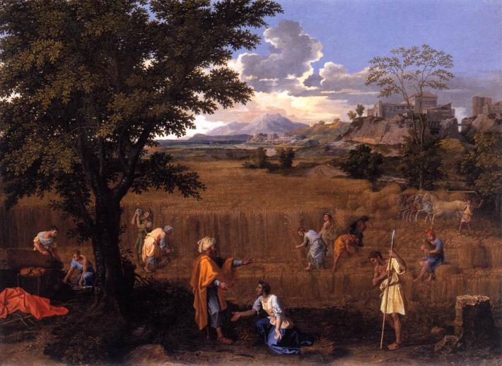 Poussin landscape painting of many people at a wheat harvest