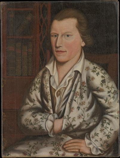 Prince Demah portrait of a white man in a white satin suit embroidered with flowers