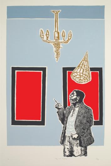 Senzo Shebango print of a man in a jacket in front of two red framed panels