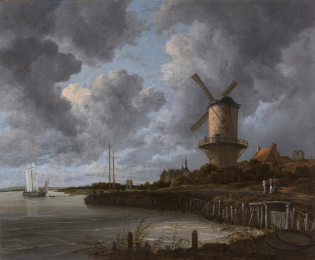 Jacob van Ruisdael painting of a windmill beside a bay in front of a cloudy sky