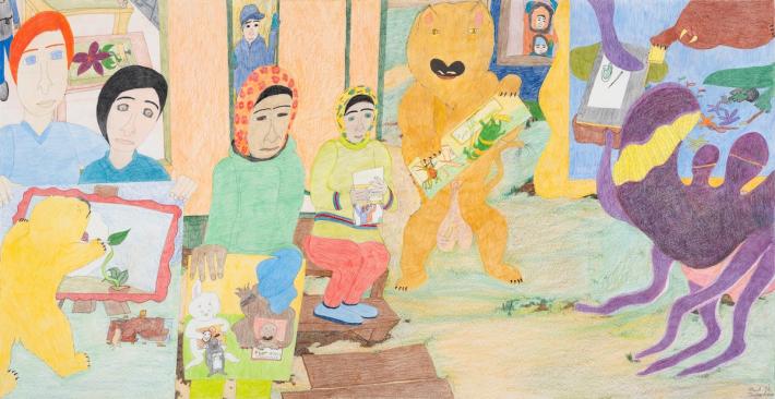 Shuvinai AshoonaPolar bear sketching people,2023Colored pencil and ink on paper50.25×97.25inches