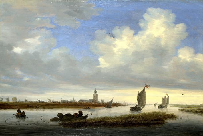 Salomon van Ruisdael painting of ships in a bay with a large blue sky with clouds above it