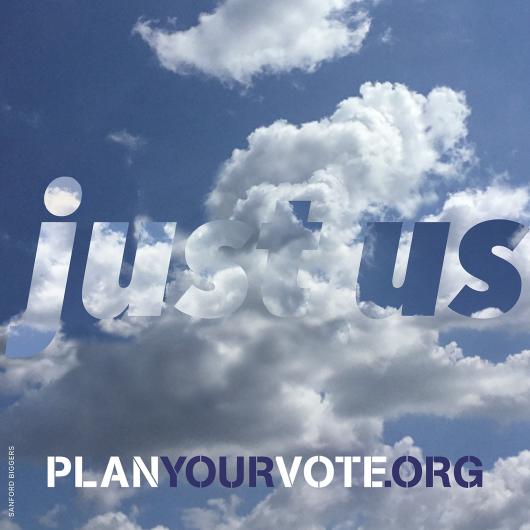 poster for of blue sky and clouds that says "just us" 