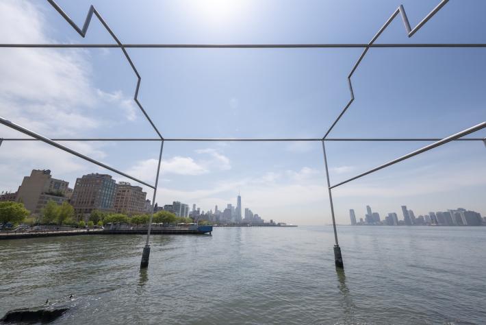 David Hammons, Day’s End, 2014 - 2021. Stainless steel and precast concrete, overall: 52 ft high, 325 ft long, 65 ft wide. © David Hammons. Photograph by Timothy Schenck