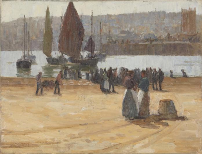 Frederick Mulhaupt, Fishing Boats, 1871-1938, Oil on canvasboard, Signed lower left: Mulhaupt; titled on a label affixed, verso, 12" H x 15.875" W. Estimate: $5,000 - $7,000