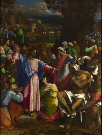 Sebastiano del Piombo painting The Raising of Lazarus, Jesus in the center of a group of people with a stormy sky above
