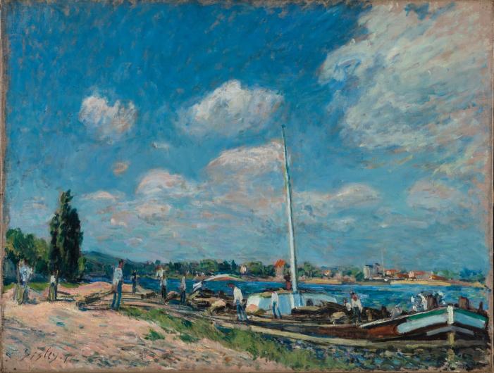 Sisley impressionist painting of a seaside marina with boats and clouds