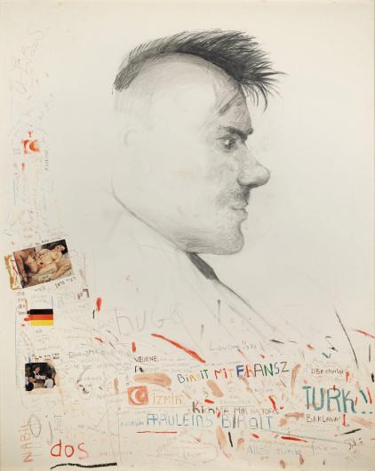 Stéphane Mandelbaum, Portrait of punk tück (Hugo), 1984. Felt pen, colored pencil, graphite lead and collage on paper, 148.5 x 119 cm. Collection Gil Weiss.