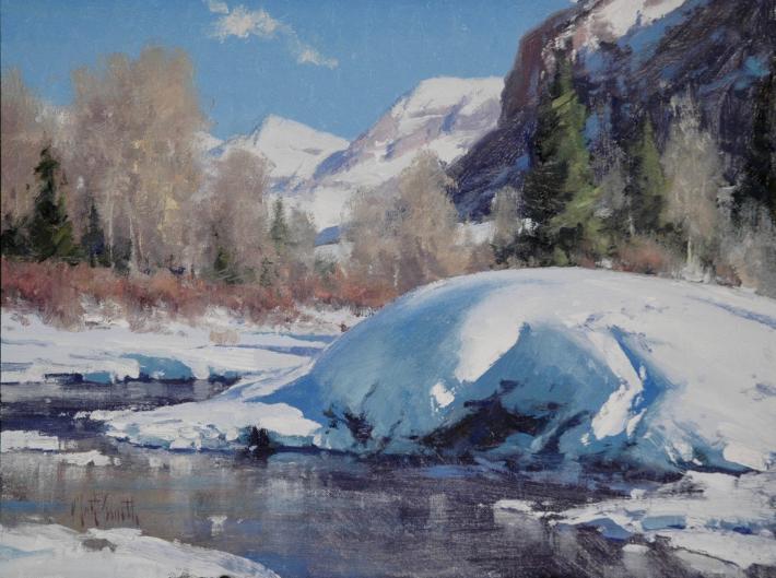 Matt Smith painting of a creek and mountains in the snow
