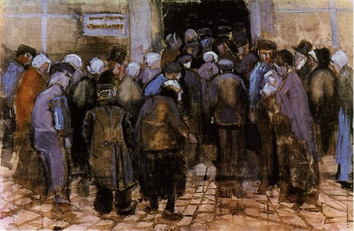 a watercolor image of a crowd of impoverished people filing into a dark doorway