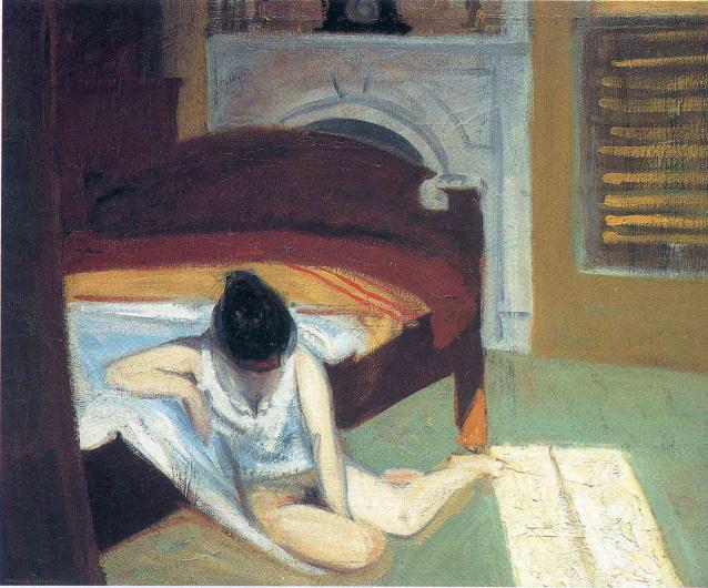Hopper painting of a female figure, nude from the waist down, seated beside a bed