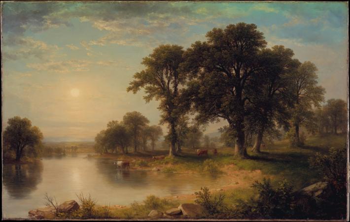 Asher Durand painting of cattle at a pond on a hazy summer day