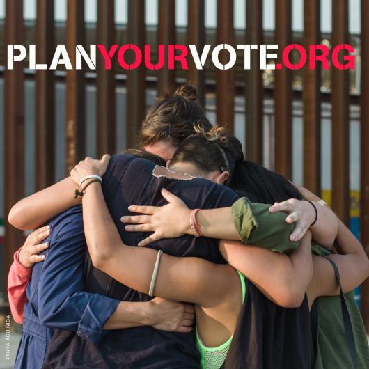 planyourvote.org poster showing a group of people hugging